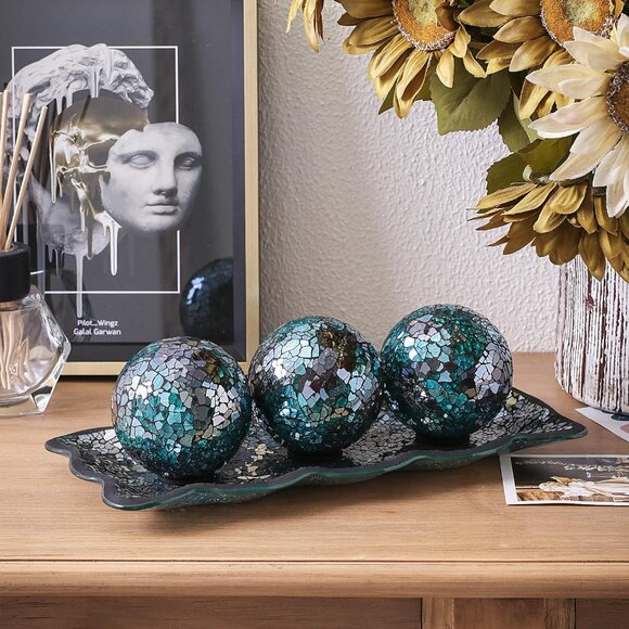 New 12.4" Mosaic Glass Decorative Tray with 3 Decorative Orbs, Living Room Decor - Picture 9 of 12